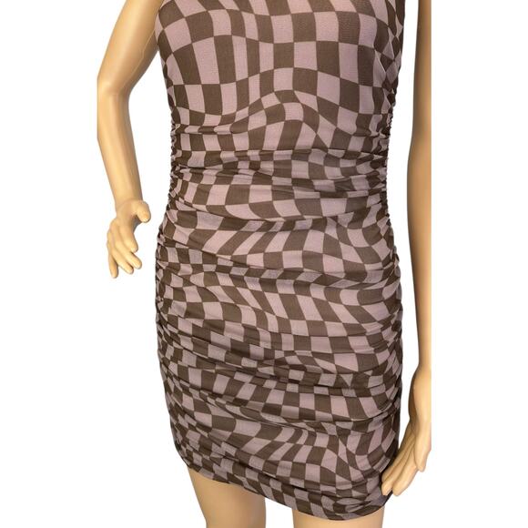 2/$30 Urban Outfitters Austin Mesh Mini Dress Taupe Checkered Ruched Size XS - Picture 10 of 14